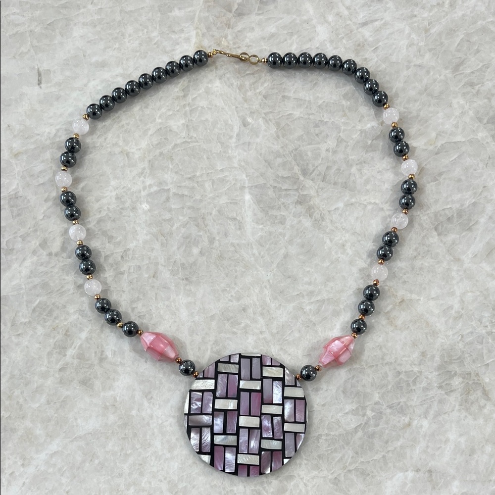 Chic Mosaic Rose Quartz and Hematite Necklace with Pink and Black Beads